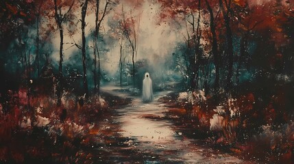 Leinwandbilder Braun Enigmatic Forest Path: A spectral figure in white glides along a mystical path through an autumnal forest, bathed in an ethereal light. The scene evokes a sense of mystery and tranquility.   © Beauver