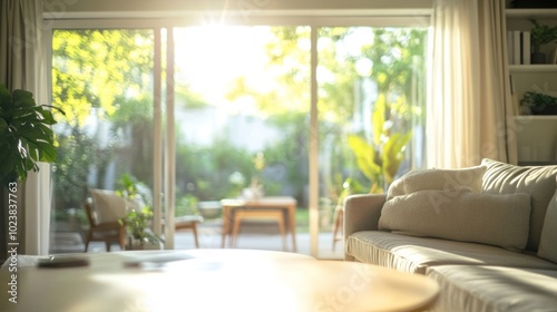 A bright and airy living room with a large window overlooking a backyard patio. The sunlight streams through the window, illuminating the room and casting a warm glow on the furniture.