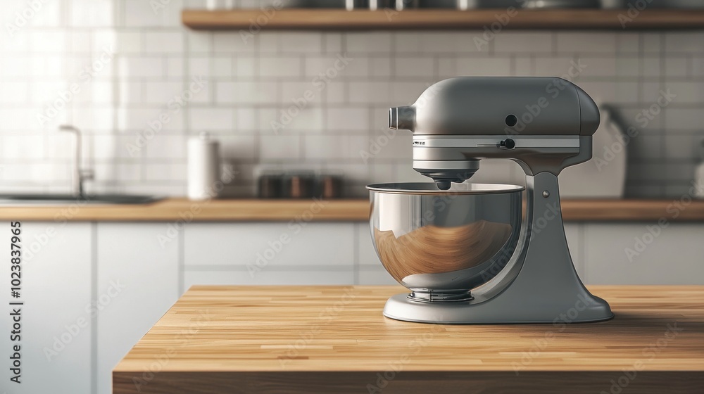 A silver stand mixer sits on a wooden countertop in a modern kitchen. A silver stand mixer sits on a wooden countertop in a modern kitchen.