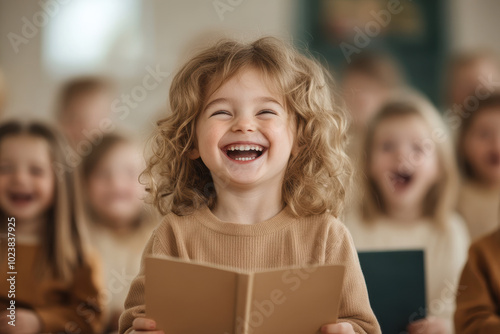 Laughing young child with a book in a classroom setting, joyful and happy student