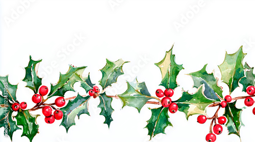 watercolor christmas holly clipart white background. holly in the foreground at bottom as boarder space at top