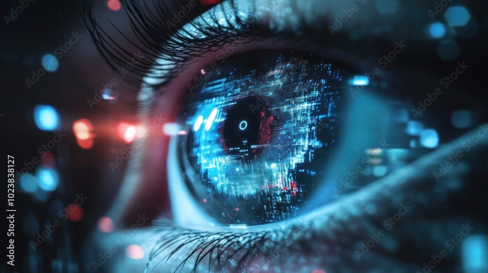 A Close-Up of a Human Eye with Digital Data Reflected in the Pupil A Close-Up of a Human Eye with Digital Data Reflected in the Pupil