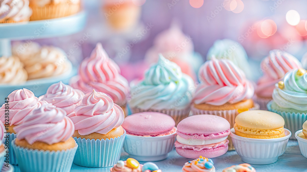 Colorful dessert array pastel cupcakes and macarons in soft lighting Colorful dessert array pastel cupcakes and macarons in soft lighting