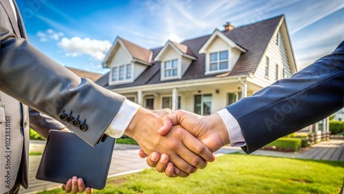 Business handshake in front of a new home, representing real estate agreement.