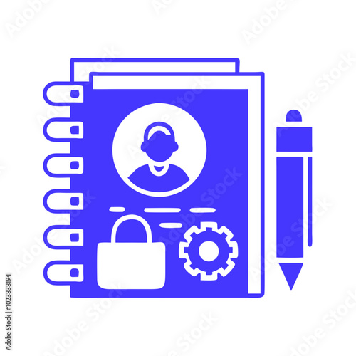 Blue notebook icon, minimalistic design, personal information management, vector illustration