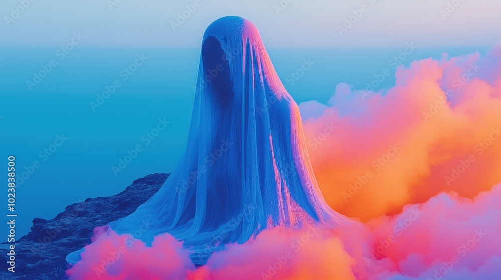 Dreamlike figure in colorful mist on cliff edge at sunset Dreamlike figure in colorful mist on cliff edge at sunset