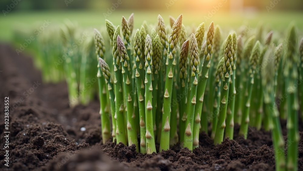 Fresh asparagus spears emerging from dark moist soil in morning light Fresh asparagus spears emerging from dark moist soil in morning light