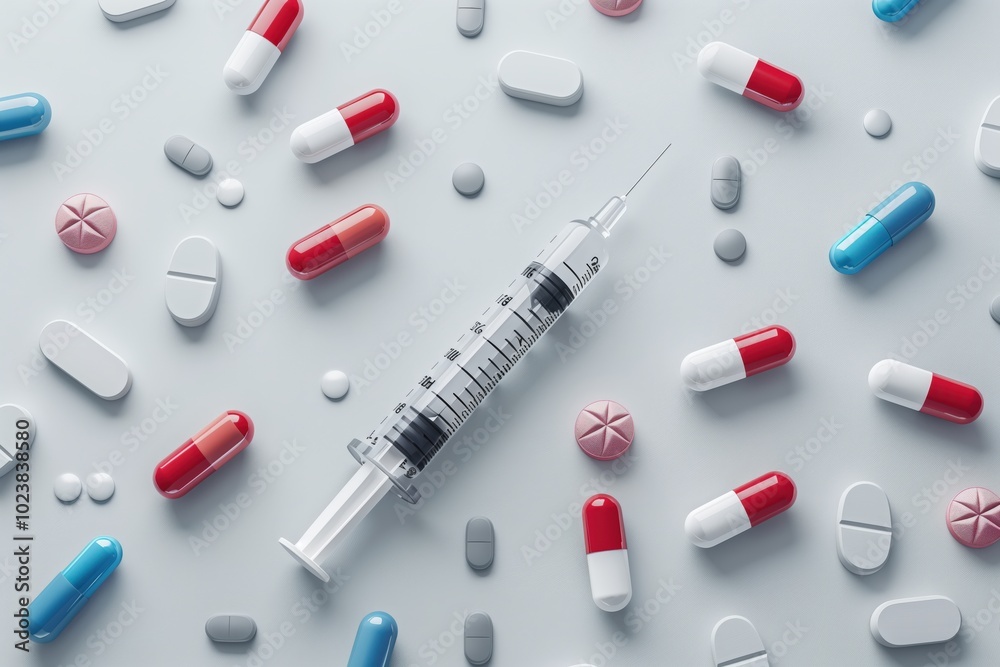 Array of colorful pills and syringe on light background highlighting medical choices and treatments Array of colorful pills and syringe on light background highlighting medical choices and treatments