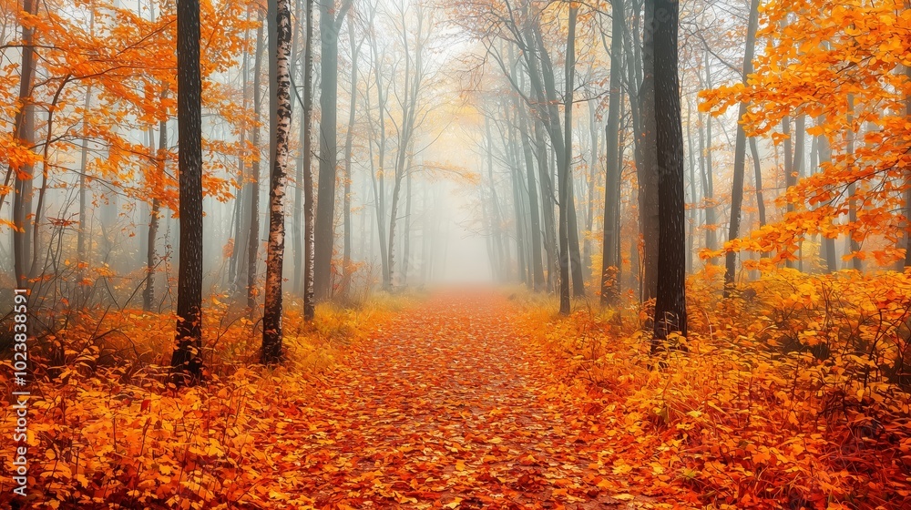 Misty autumn forest pathway lined with vibrant orange and yellow foliage Misty autumn forest pathway lined with vibrant orange and yellow foliage