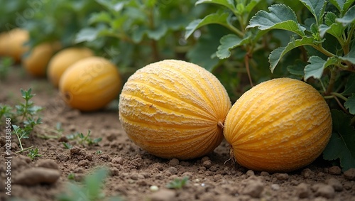 Ripe cantaloupes in a sunlit melon patch surrounded by curling vines and dry soil