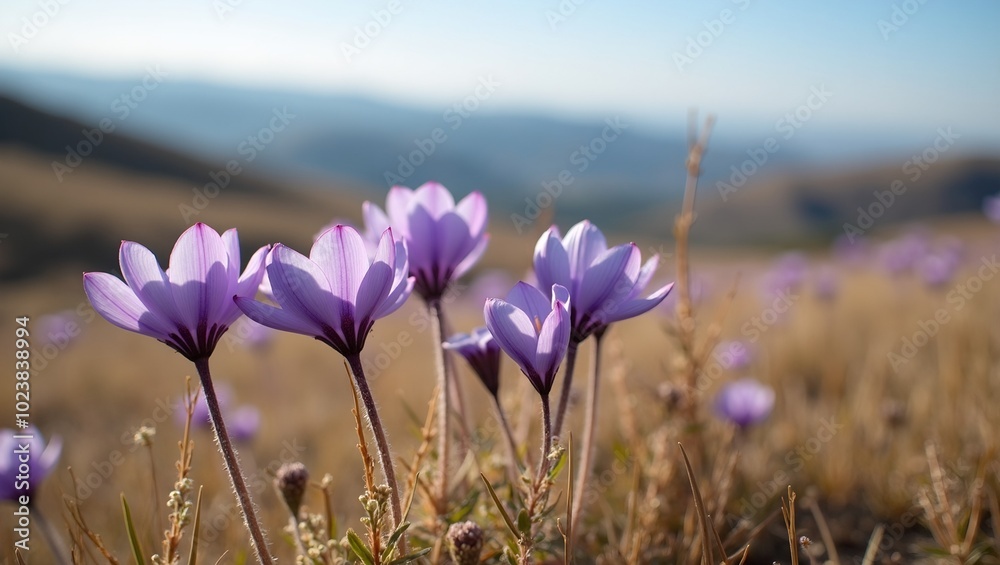 Tranquil meadow scene with purple Pasque flowers and rolling hills Tranquil meadow scene with purple Pasque flowers and rolling hills