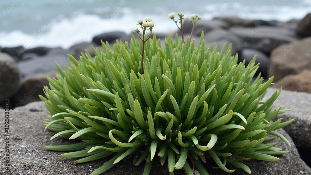 Serene Sea Kale plant by the rocky shore white flowers peeking through waxy green leaves