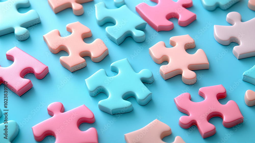 Colorful puzzle pieces scattered on pastel blue background, inviting mental agility and problem-solving skills. Colorful puzzle pieces scattered on pastel blue background, inviting mental agility and problem-solving skills.
