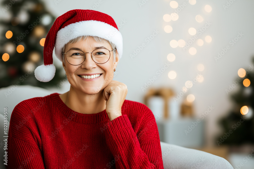 Cheerful elderly woman wearing a Santa hat and red sweater, smiling with joy in front of a Christmas tree with festive lights, representing holiday spirit and Christmas celebration Cheerful elderly woman wearing a Santa hat and red sweater, smiling with joy in front of a Christmas tree with festive lights, representing holiday spirit and Christmas celebration