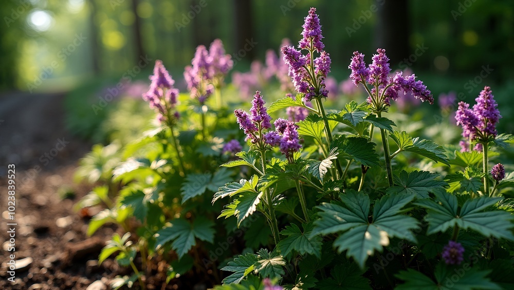 Obraz premium Serrated purple and green Perilla leaves in dappled forest light