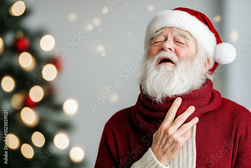 Pensive Santa Claus with a thoughtful expression, wearing red attire and Santa hat, standing by a Christmas tree with festive lights, symbolizing holiday contemplation and Christmas spirit photo