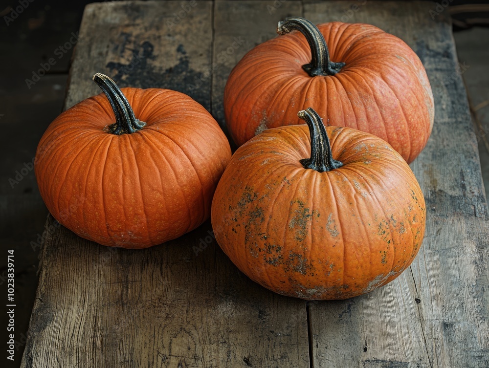 Autumn harvest pumpkins on rustic wooden table flat lay Autumn harvest pumpkins on rustic wooden table flat lay