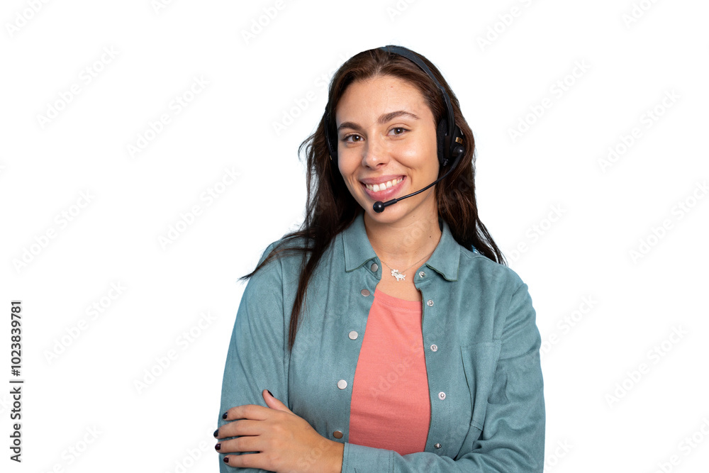 Smiling girl as a call center operator, ready to assist Smiling girl as a call center operator, ready to assist