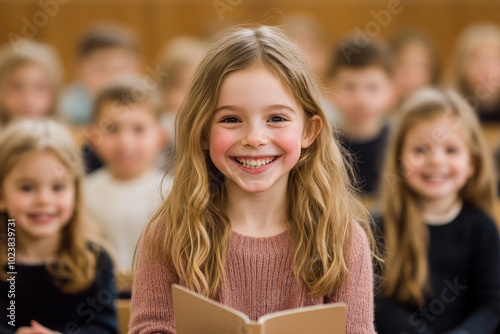 Smiling young girl in a classroom holding a book, joyful and happy student