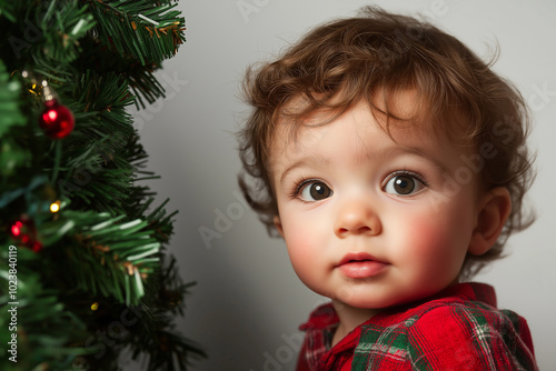 Adorable toddler in plaid shirt looking curiously at a Christmas tree with red ornaments, symbolizing the wonder and joy of a child during the Christmas holiday season photo