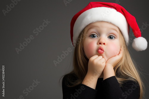 Little girl in Santa hat making a kissy face, posing playfully in a Christmas outfit, capturing the innocence and fun spirit of the holiday season during Christmas celebrations photo