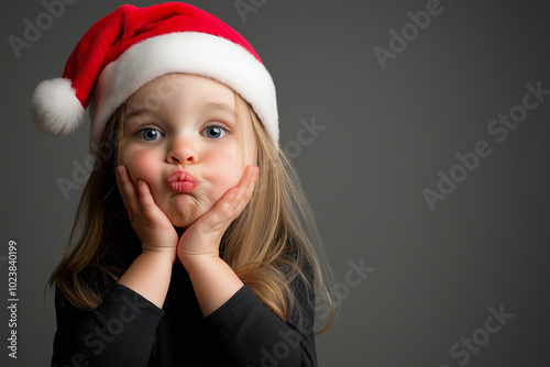 Little girl in Santa hat making a kissy face, posing playfully in a Christmas outfit, capturing the innocence and fun spirit of the holiday season during Christmas celebrations photo