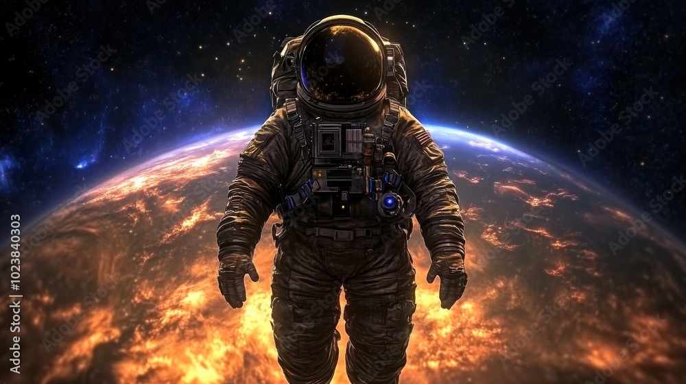Astronaut Floating in Space with Earth Below Astronaut Floating in Space with Earth Below