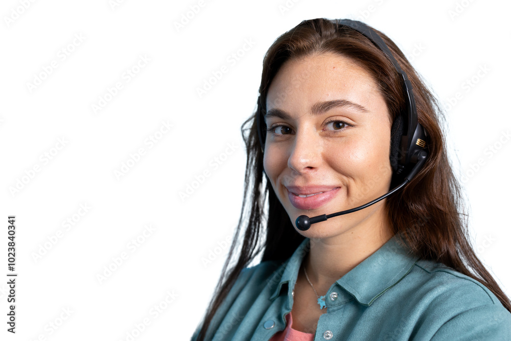 Smiling girl as a call center operator, ready to assist Smiling girl as a call center operator, ready to assist