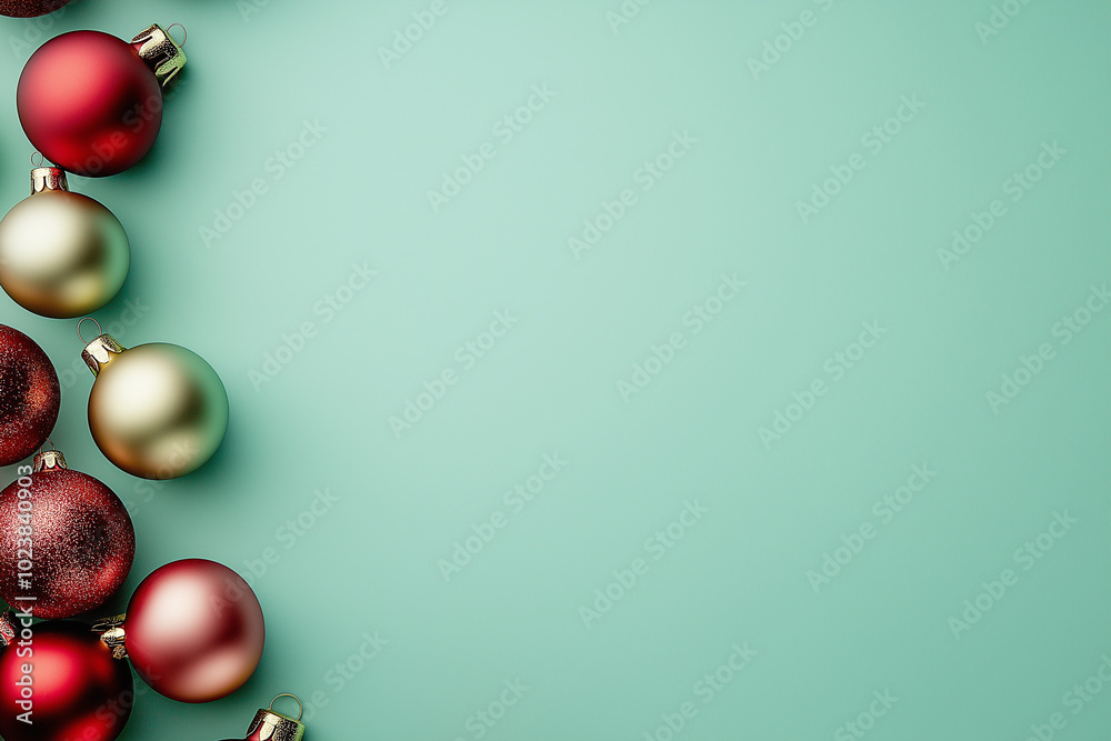 Christmas background with red, gold, and glittery ornaments on green backdrop. Festive holiday decoration for seasonal greeting cards or invitations. Christmas background with red, gold, and glittery ornaments on green backdrop. Festive holiday decoration for seasonal greeting cards or invitations.