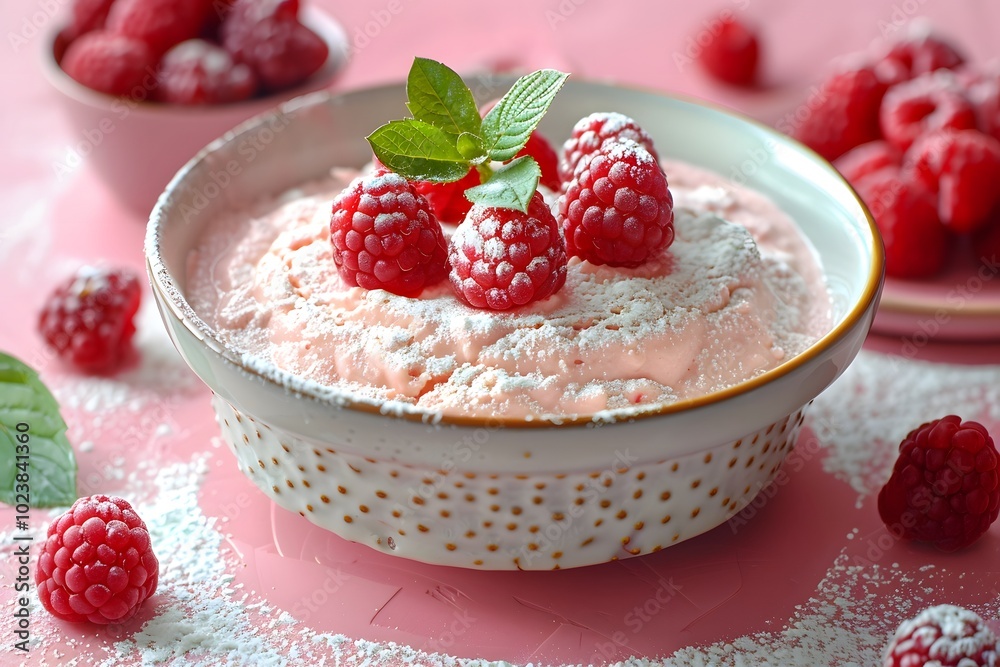 Fresh raspberry mousse topped with powdered sugar and whole raspberries in a ceramic bowl. Overhead view of a light and airy dessert for food blogs, bakery menus, and holiday promotions. Fresh raspberry mousse topped with powdered sugar and whole raspberries in a ceramic bowl. Overhead view of a light and airy dessert for food blogs, bakery menus, and holiday promotions.