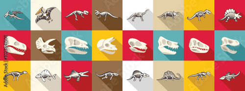 Dinosaur skeleton icons set. Dinosaur skeletons and skulls icons set featuring many prehistoric animals like the tyrannosaurus rex and the triceratops