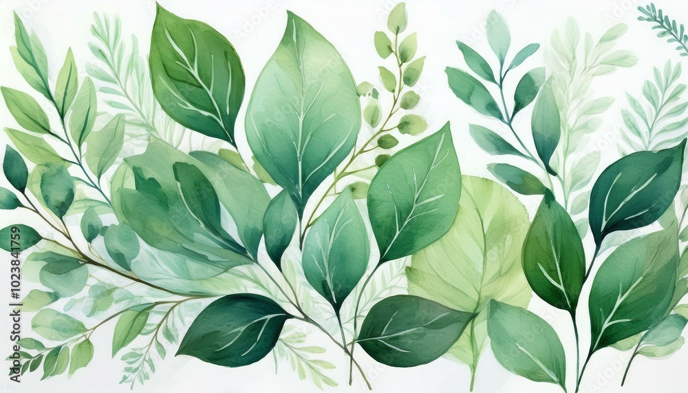 Delicate Watercolor Patterns in Shades of Green Resembling Leaves and Flowers on White Background