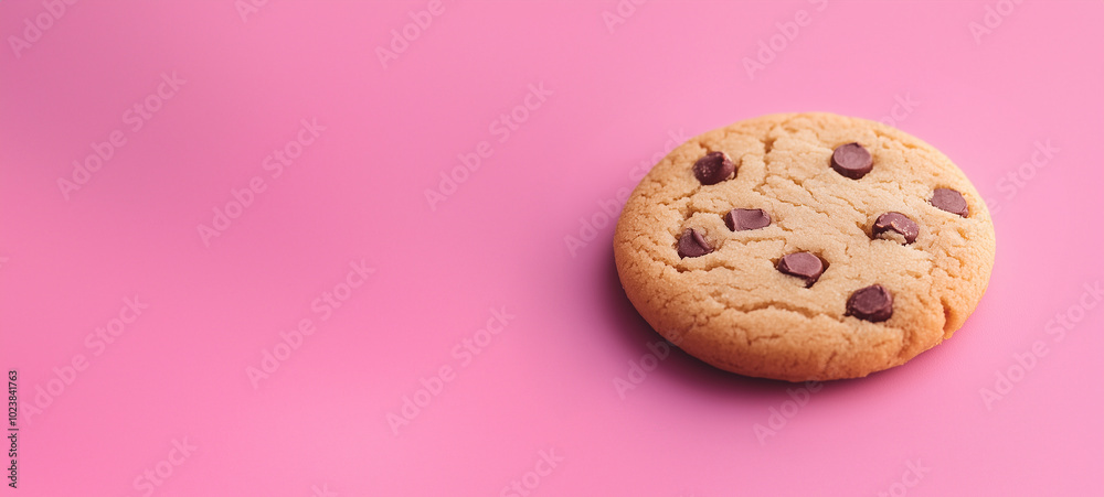A chocolate chip cookie on a pink background A chocolate chip cookie on a pink background