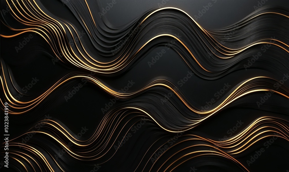 A black background with gold lines that are wavy A black background with gold lines that are wavy