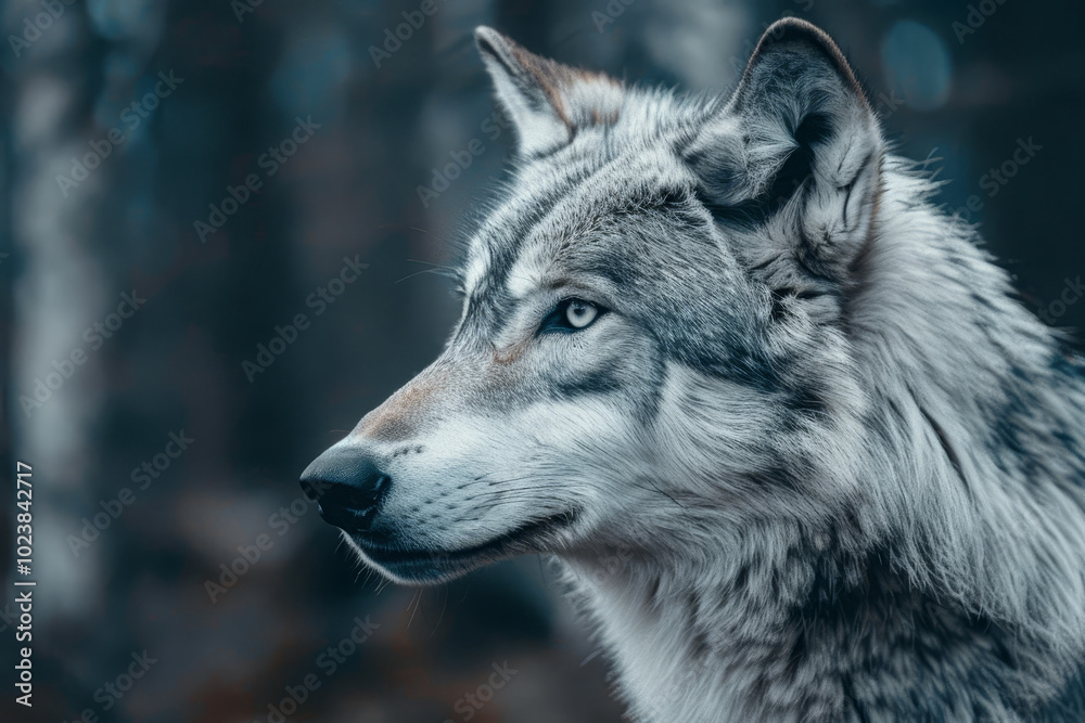A wolf with a blue eye stares at the camera A wolf with a blue eye stares at the camera