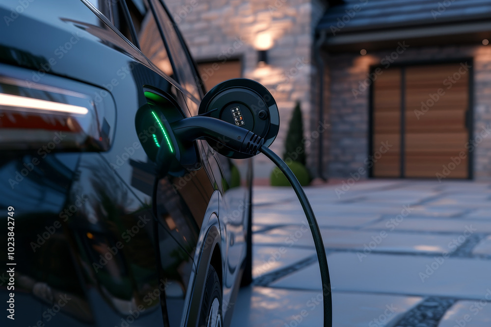 A black car is plugged into a charging station A black car is plugged into a charging station