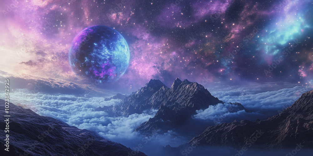 Majestic alien landscape with colorful sky and floating planet over rugged mountain range during twilight Majestic alien landscape with colorful sky and floating planet over rugged mountain range during twilight