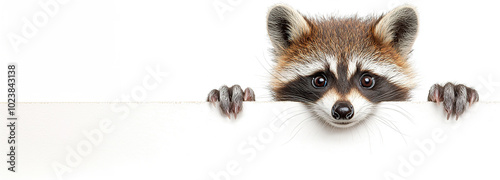 Funny raccoon peeking over blank white banner photo