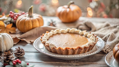 Delicious freshly baked pumpkin pie surrounded by autumn decoration on a rustic wooden table