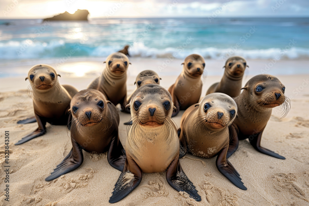 Fototapeta premium A group of baby seals are laying on the beach