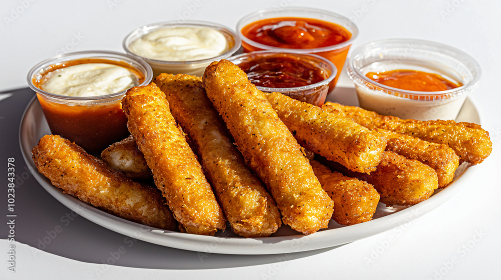 a plate of fried mozzarella sticks with variety of dipping sauces a plate of fried mozzarella sticks with variety of dipping sauces