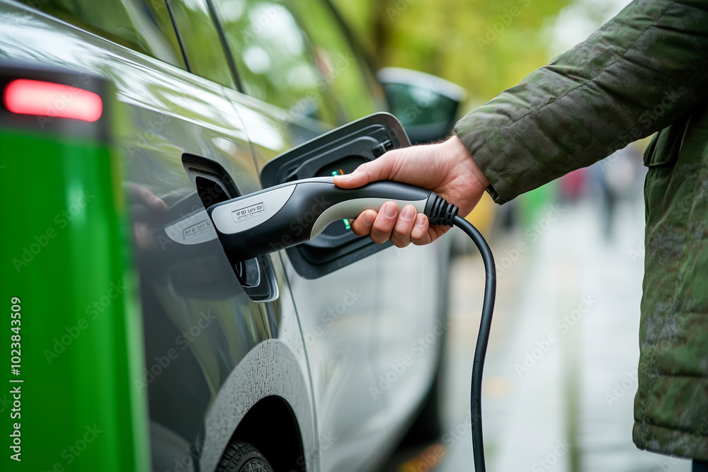 Charging an electric car. A symbol of eco-friendly transportation and the use of renewable energy sources.