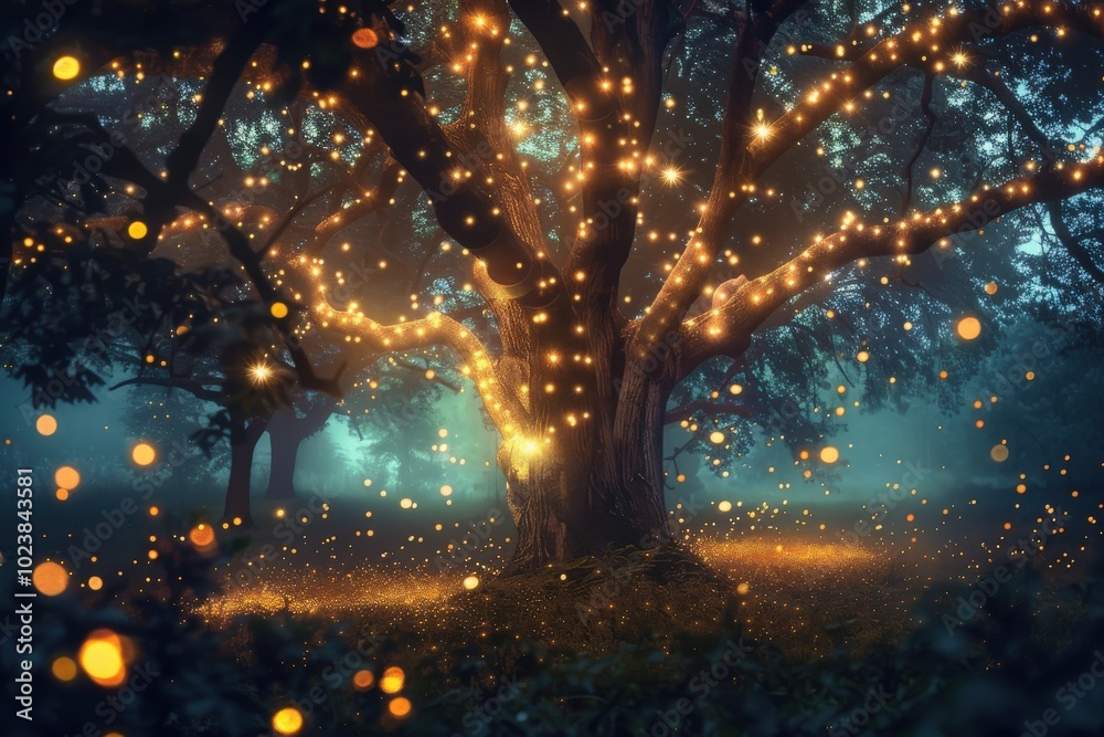 Naklejka premium A forest with glowing lights on the trees, generative ai image