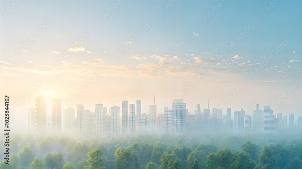 Fototapeta premium Misty morning urban skyline over green forest landscape