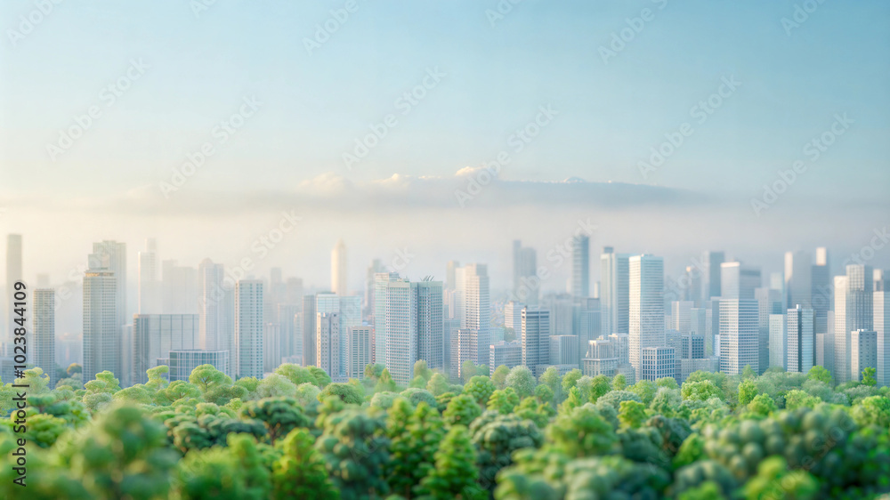Obraz premium Ecofriendly urban skyline with lush greenery and misty horizon