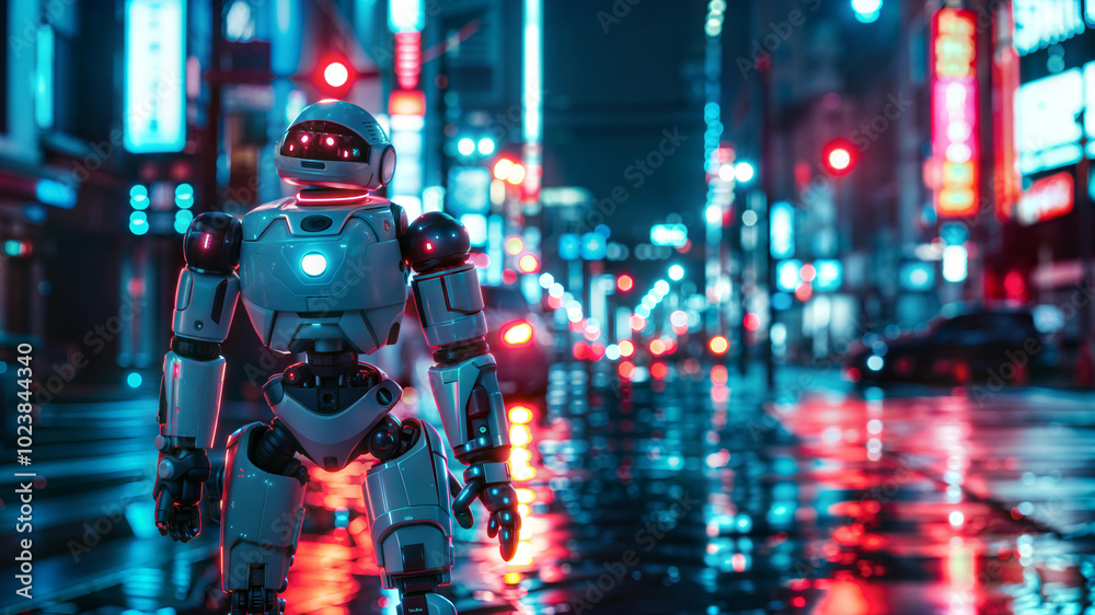 Futuristic robot exploring neonlit urban streets at night Futuristic robot exploring neonlit urban streets at night