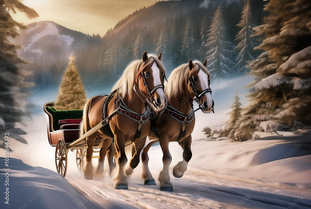 Christmas Horse Pulling a Sled Art Christmas Horse Pulling a Sled Art