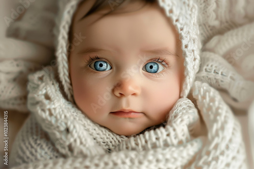 A baby with blue eyes is wrapped in a white blanket