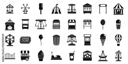 Funfair icons set. Amusement park entertainment showing rides and food stalls icons set in simple style on a white background
