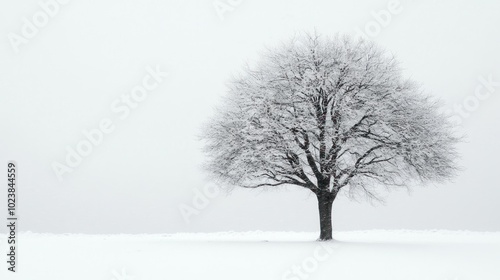 A lone tree stands tall in a snowy field, its branches reaching towards a cloudy sky.